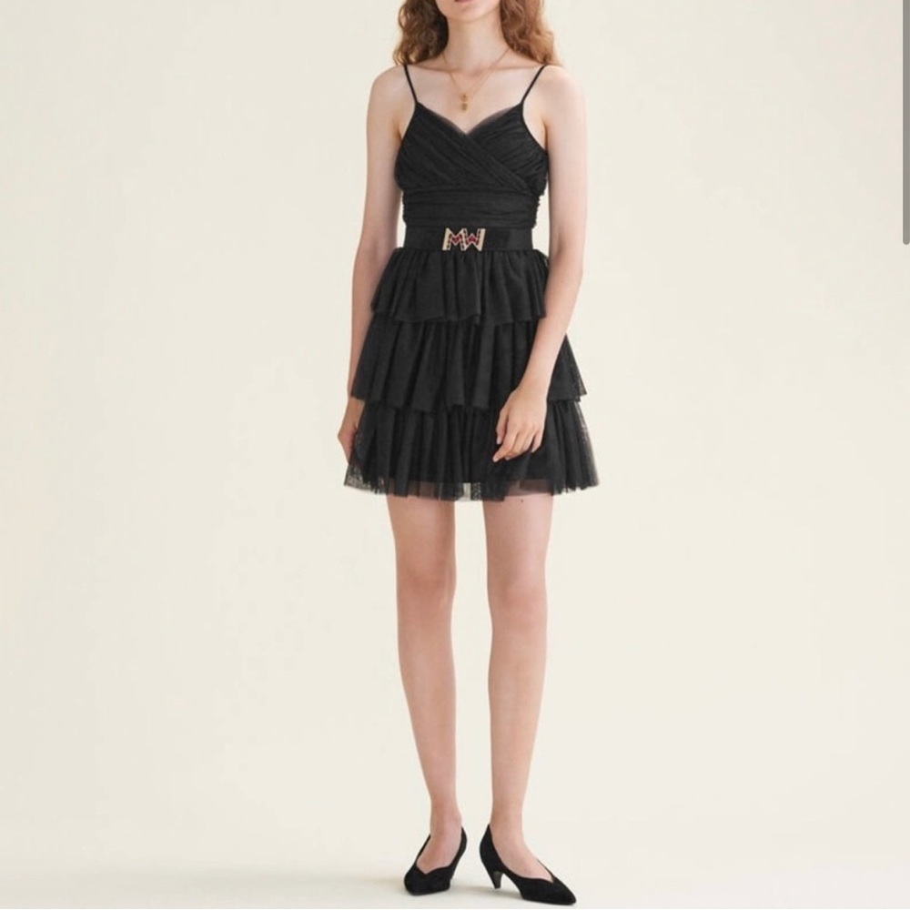 Maje Richard Tiered Tulle Mini Dress Black 1 NWT
